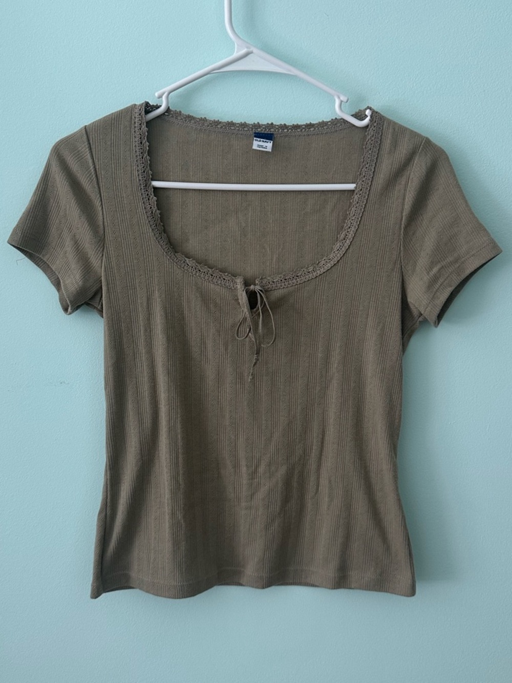 Old Navy Olive Green Scoop Neck Tie-Front Ribbed Top